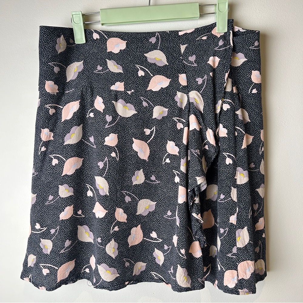 LOFT Black and Pink Floral A-Line Mini Skirt With Ruffle Detail
